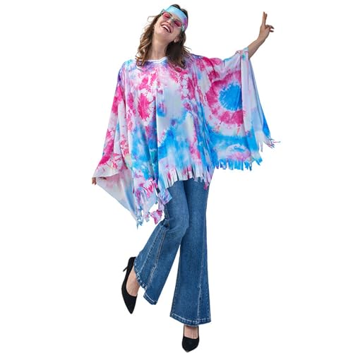 Hippie Kostüm Damen, 70er Jahre Outfit Damen, Faschingskostüme Damen, Cosplay Hippie Poncho Umhang Karneval Kostüm Damen, Flower Power Kleidung Damen, Disco Outfit Damen, Hippie Kleidung Damen von Zannycn