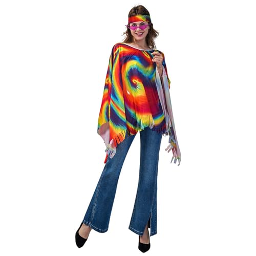 Hippie Kostüm Damen, 70er Jahre Outfit Damen, Faschingskostüme Damen, Elegant Hippie Poncho Umhang Karneval Kostüm Damen, Flower Power Kleidung Damen, Hippie Kleidung Damen, Disco Outfit Damen von Zannycn