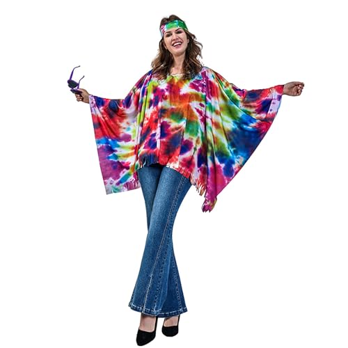 Hippie Kostüm Damen, 70er Jahre Outfit Damen, Faschingskostüme Damen, Elegant Hippie Poncho Umhang Karneval Kostüm Damen, Flower Power Kleidung Damen, Hippie Kleidung Damen, Disco Outfit Damen von Zannycn