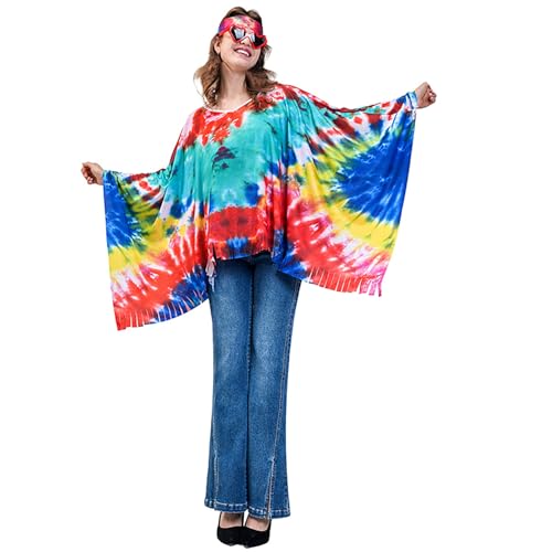 Hippie Kostüm Damen, 70er Jahre Outfit Damen, Faschingskostüme Damen, Elegant Hippie Poncho Umhang Karneval Kostüm Damen, Flower Power Kleidung Damen, Hippie Kleidung Damen, Disco Outfit Damen von Zannycn