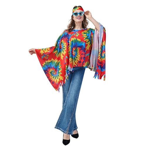 Hippie Kostüm Damen, 70er Jahre Outfit Damen, Faschingskostüme Damen, Elegant Hippie Poncho Umhang Karneval Kostüm Damen, Flower Power Kleidung Damen, Hippie Kleidung Damen, Disco Outfit Damen von Zannycn