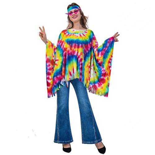 Hippie Kostüm Damen, Faschingskostüme Damen, 70er Jahre Outfit Damen, Cosplay Hippie Poncho Umhang Karneval Kostüm Damen, Flower Power Kleidung Damen, Disco Outfit Damen, Hippie Kleidung Damen von Zannycn