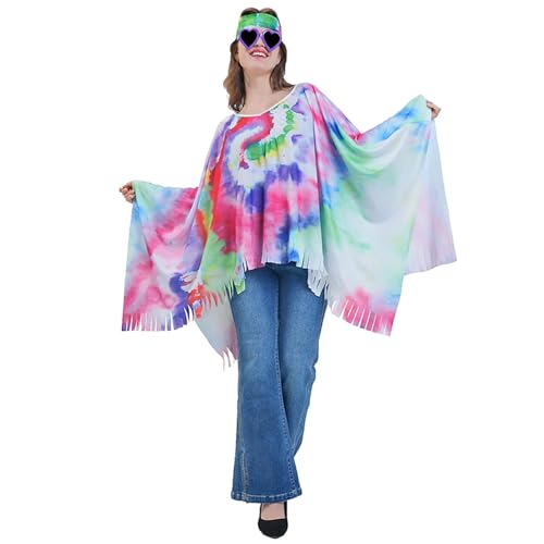 Hippie Kostüm Damen, Faschingskostüme Damen, 70er Jahre Outfit Damen, Cosplay Hippie Poncho Umhang Karneval Kostüm Damen, Flower Power Kleidung Damen, Disco Outfit Damen, Hippie Kleidung Damen von Zannycn