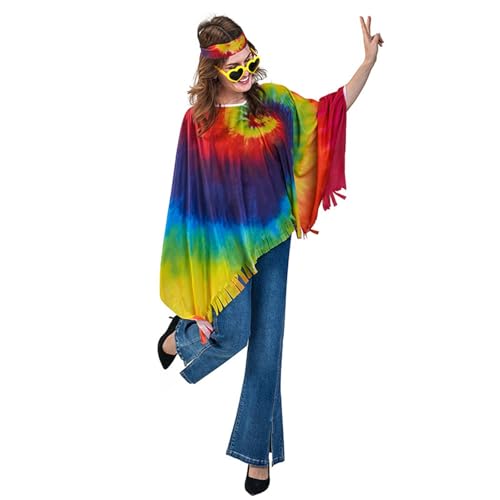 Hippie Kostüm Damen, Faschingskostüme Damen, 70er Jahre Outfit Damen, Cosplay Hippie Poncho Umhang Karneval Kostüm Damen, Flower Power Kleidung Damen, Disco Outfit Damen, Hippie Kleidung Damen von Zannycn