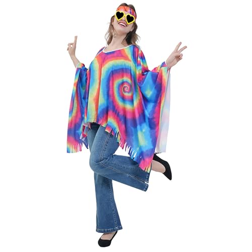 Hippie Kostüm Damen, Faschingskostüme Damen, 70er Jahre Outfit Damen, Elegant Hippie Poncho Umhang Karneval Kostüm Damen, Flower Power Kleidung Damen, Disco Outfit Damen, Hippie Kleidung Damen von Zannycn