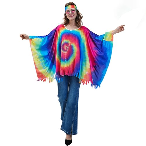 Hippie Kostüm Damen, Faschingskostüme Damen, 70er Jahre Outfit Damen, Elegant Hippie Poncho Umhang Karneval Kostüm Damen, Flower Power Kleidung Damen, Hippie Kleidung Damen, Disco Outfit Damen von Zannycn