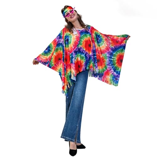 Hippie Kostüm Damen, Faschingskostüme Damen, 70er Jahre Outfit Damen, Elegant Hippie Poncho Umhang Karneval Kostüm Damen, Flower Power Kleidung Damen, Hippie Kleidung Damen, Disco Outfit Damen von Zannycn