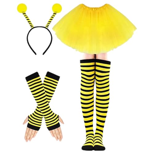 Zannycn Karneval Kostüm Damen, Bienenkostüm Erwachsene Lustige Bienen Kostüm Set Mit Tüllrock Gestreifte Socken Stirnband Faschingskostüme Damen Karneval Kostüm Für Halloween Rollenspiele Party von Zannycn