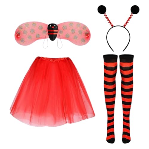 Zannycn Marienkäfer Kostüm Damen Accessoire Set mit Tüllrock, Flügel, Socken und Haarreif Rot Tüllrock Faschingskostüme für Fasching Karneval Motto Party Outfits von Zannycn