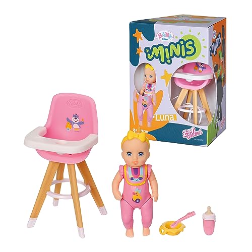 BABY born Minis Hochstuhl-Spielset mit Minis-Puppe Luna, Flasche und Teller, 906125 Zapf Creation von BABY Born