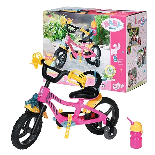 BABY born Fahrrad - Pinkes Puppenfahrrad für 43 cm Puppen mit gelben Schutzblechen, beweglichen Rädern mit Stollenprofil, Gurtsystem, Hupe, Blinklicht und Trinkflasche, 830024, Zapf Creation von Zapf Creation