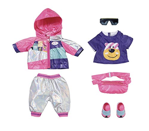 Zapf Creation 830031 BABY born Deluxe Fahrrad Set für 43cm Puppen mit rosa Jacke, lila Shirt, silber glänzender Hose, Schuhen, Gürteltasche und Sonnenbrille von Zapf Creation