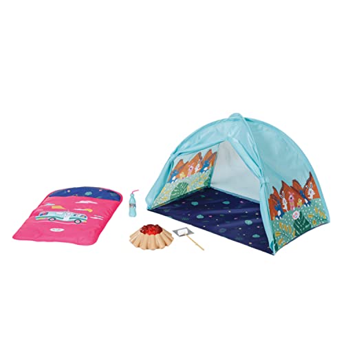 Zapf Creation 832783 BABY born Weekend Camping Set - Puppenzubehör Set, Puppenzelt mit Schlafsack, Lagerfeuer mit Lichtfunktion, Marshmallow-Stick und Limoflasche. von Zapf Creation