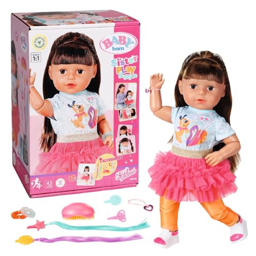BABY born Sister Play & Style Brunette 43 cm, Puppe mit Haaren und 8 Funktionen für Kinder ab 4 Jahren, funktioniert ohne Batterie, 835371 Zapf Creation von BABY Born