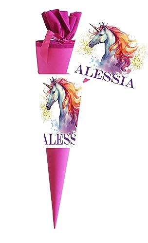 Schultüte für Mädchen personalisiert mit Namen - Einhorn Motiv – Personalisiere Deine Zuckertüte als Geschenk zur Einschulung - Fertig 70 cm groß pink - NEU von Zarto