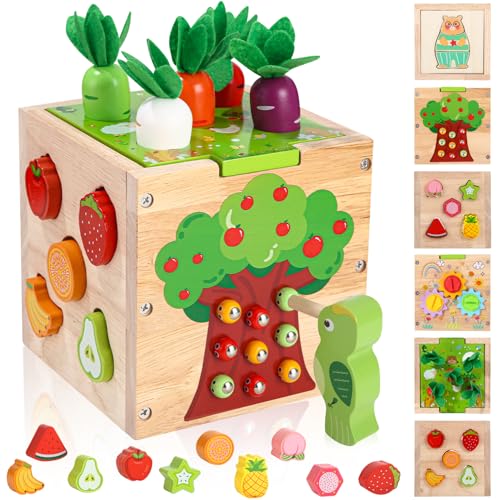 Zaxiva Motorikwürfel ab 1 2 3 Jahr, 5 in 1 Montessori Spielwürfel für Kinder, 49 Pcs Activity Würfel Baby Lernspielzeug aus Holz, Geschenke von Motorikspielzeug für Baby ab 18 Monaten von Zaxiva
