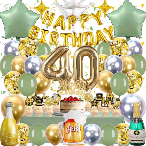 Zaztytoy 40 Geburtstag Set für Mann & Frau - 55 Teile Komplettes Partyset in Gold & Grün, Elegante Deko für Geburtstags Party, Jubiläum, Feier von Zaztytoy