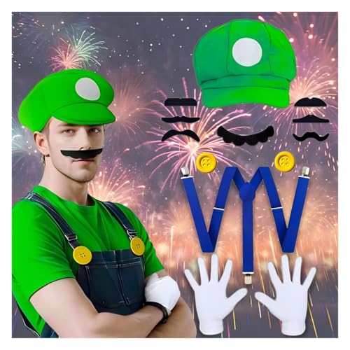 Zaztytoy Mario und Luigi Kostüm Damen Herren, Super Bros Cosplay Kostüme für Erwachsene, Super Klempner Overall mit Mütze, Handschuhe, Bart, Gelbe, Knöpfe für Karneval und Maskeraden (Grün) Zaztytoy Mario und Luigi Kostüm Damen Herren, Super Bros Cosplay Kostüme für Erwachsene, Super Klempner Overall mit Mütze, Handschuhe, Bart, Gelbe, Knöpfe für Karneval und Maskeraden (Grün) von Zaztytoy