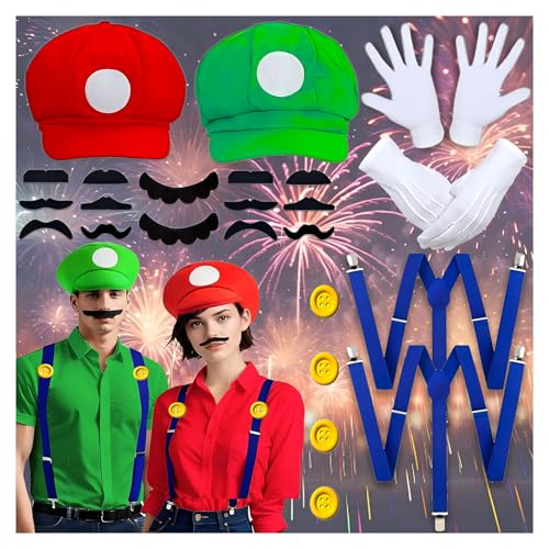 Zaztytoy Mario und Luigi Kostüm Damen Herren, Super Bros Cosplay Kostüme für Erwachsene, Super Klempner Overall mit Rot Grün Mütze, Handschuhe, Bart, Gelbe, Knöpfe für Karneval und Maskeraden Zaztytoy Mario und Luigi Kostüm Damen Herren, Super Bros Cosplay Kostüme für Erwachsene, Super Klempner Overall mit Rot Grün Mütze, Handschuhe, Bart, Gelbe, Knöpfe für Karneval und Maskeraden von Zaztytoy