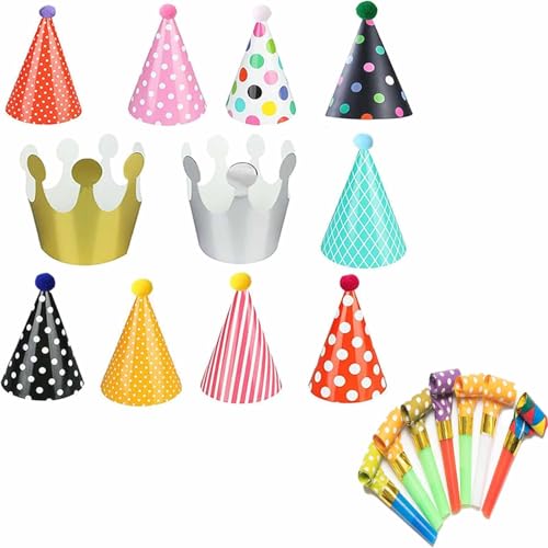 Zbssny Party Dekoration Set, 11 Partyhüte mit Pompons und 10 Partytröten, Bunte Polka Dot Muster, für Kindergeburtstag und Familienfeiern von Zbssny