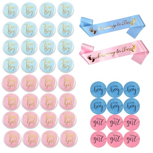 Zcbzbn 32 Stück Geschlechts-Enthüllungsbuttons + 2 Aufkleber - Baby-Shower Party Deko Team Junge/Mädchen - Metall Anstecker 4,5cm Blau/Rosa von Zcbzbn
