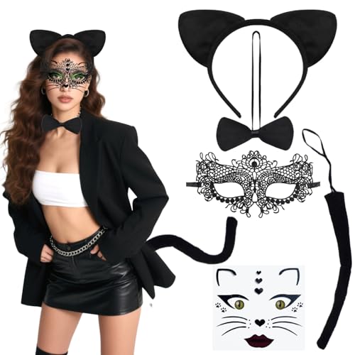 Zcbzbn Katze Ohrringe Haarreif für Damen 5-teiliges Katzenkostüm Set mit spitzer Gesichtsmaske und Schwanz Zubehör Karneval Camouflage Fasching Party von Zcbzbn