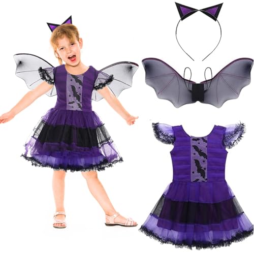 ZeYou Halloween Fledermaus Kostüm Kinder, Mädchen Fledermaus Halloween Kostüm Hexe Cosplay Kostüm Tutu Kleid Set für Kinder von ZeYou