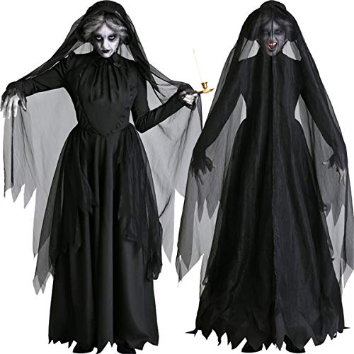 Zeagro Damen Geisterbraut Kostüm Erwachsene Schwarz Zombie Hochzeit Kleid Outfit Damenkostüm Halloween Kleid von Zeagro