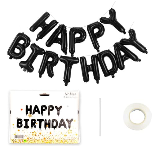 Happy Birthday Banner Ballon, 16 Zoll Schwarz Selbstaufblasend Happy Birthday, Wiederverwendbare Happy Birthday Buchstabenballons, Folienballons mit Band für Männer Frauen Geburtstag Party Happy Birthday Banner Ballon, 16 Zoll Schwarz Selbstaufblasend Happy Birthday, Wiederverwendbare Happy Birthday Buchstabenballons, Folienballons mit Band für Männer Frauen Geburtstag Party von Zeaicos