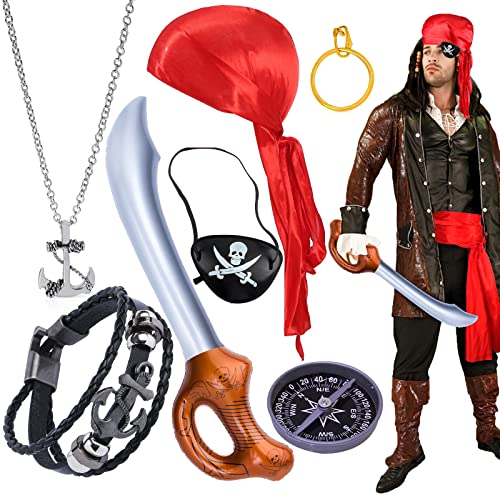 7 Stück Piratenkostüm Set, Piraten Kostüm Zubehör, Piratenschwert Aufblasbar, Augenklappe Pirat, Piraten Kopftuch Rot, Piratenschmuck Piraten Party Piratenkapitän Zubehör für Herren Damen Kinder 7 Stück Piratenkostüm Set, Piraten Kostüm Zubehör, Piratenschwert Aufblasbar, Augenklappe Pirat, Piraten Kopftuch Rot, Piratenschmuck Piraten Party Piratenkapitän Zubehör für Herren Damen Kinder von Zeaying