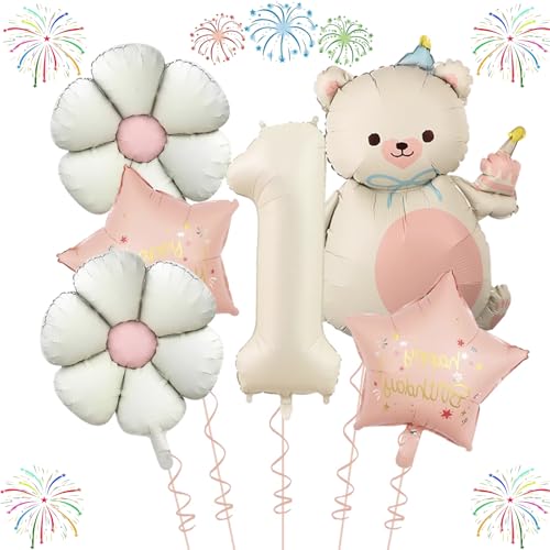 Bär Geburtstagsdeko 1 Jahr Mädchen mit Gänseblümchen Folienballon, Gänseblümchen Luftballons 1, Aluminium -Filmballon, Geburtstagsdekoration für Jungen und Mädchen von Zeaying