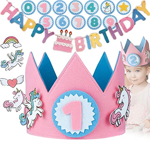Zeaying 18 Stück Geburtstagskrone Einhorn, Geburtstagskrone Kinder Personalisiert, Geburtstagskrone Kinder Krone für mit Auswechselbaren Zahlen von 0-9, Geburtstagskrone mit Happy Birthday Banner von Zeaying