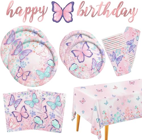 Schmetterling Partygeschirr Set 52 Stück Schmetterlinge Pappteller Party Geschirrset für Mädchen Geburtstag, Jubiläum, Picknick-7''Pappteller, 9''Pappteller, Tischdecke, Servietten, Pappbecher, Banner Schmetterling Partygeschirr Set 52 Stück Schmetterlinge Pappteller Party Geschirrset für Mädchen Geburtstag, Jubiläum, Picknick-7''Pappteller, 9''Pappteller, Tischdecke, Servietten, Pappbecher, Banner von Zecouk