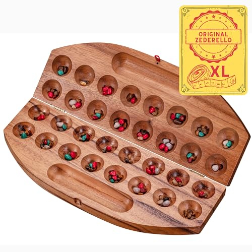 Zederello Hus Bao 35cm Mancala klappbares Strategiespiel aus hochwertigem Holz Kalaha Bohnen-Spiel, Brett und Steinchen von Zederello