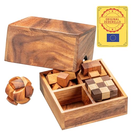 Zederello Knobel-Spiel Box mit 4 Logik-Spielen in Holz-Verpackung, Denk, Set, Geduldspiel-Sammlung, Holzpuzzle Erwachsene 3D Puzzle Holz Heschicklichkeitsspiel von Zederello