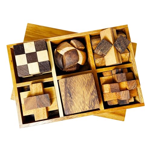Zederello Denkspiel-Set: 6 Holz-Knobelspiele in Holzbox – 3D Puzzle holzpuzzle erwachsenez Geschicklichkeitsspiel Knobelbox Logikrätsel, Geduldsspiele, 3D Holzpuzzle Erwachsene Rätselbox von Zederello