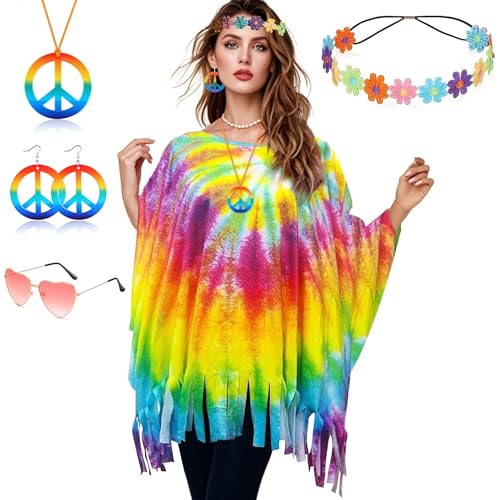 60er 70er Jahre Kostüm Damen,Hippie Kostüm Damen Set,Damen Poncho Set mit Hippie Accessoires,Hippie Poncho Damen,60 er 70er Jahre Hippie Kleidung,Hippie Damen Kleid Set für Halloween,Karneval Party von ZeiLaBang Kakadi