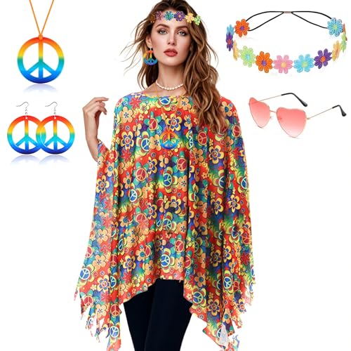 60er 70er Jahre Kostüm Damen,Hippie Kostüm Damen Set,Damen Poncho Set mit Hippie Accessoires,Hippie Poncho Damen,60 er 70er Jahre Hippie Kleidung,Hippie Damen Kleid Set für Halloween,Karneval Party von ZeiLaBang Kakadi