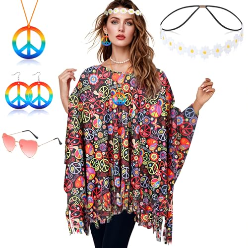 60er 70er Jahre Kostüm Damen,Hippie Kostüm Damen Set,Damen Poncho Set mit Hippie Accessoires,Hippie Poncho Damen,60 er 70er Jahre Hippie Kleidung,Hippie Damen Kleid Set für Halloween,Karneval Party von ZeiLaBang Kakadi