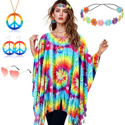 60er 70er Jahre Kostüm Damen,Hippie Kostüm Damen Set,Damen Poncho Set mit Hippie Accessoires,Hippie Poncho Damen,60 er 70er Jahre Hippie Kleidung,Hippie Damen Kleid Set für Halloween,Karneval Party von ZeiLaBang Kakadi