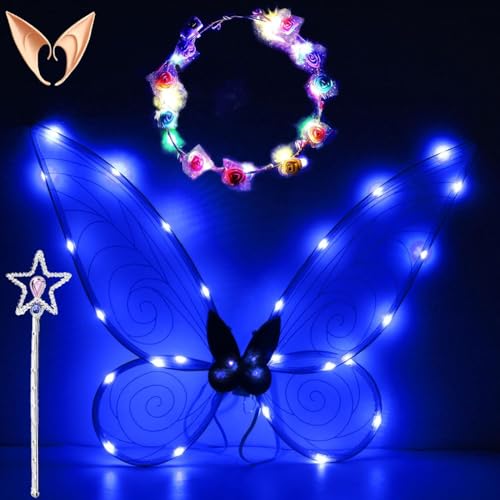 LED Feenflügel Leuchtende,Feenflügel Kinder,Schmetterlingsflügel mit Elfenöhren,LED Blumen Stirnband und Sterne Feenstäbe,Fairy Wings,Flügel Fee für Halloween,Karneval,Party,Fasching Kostüm von ZeiLaBang Kakadi