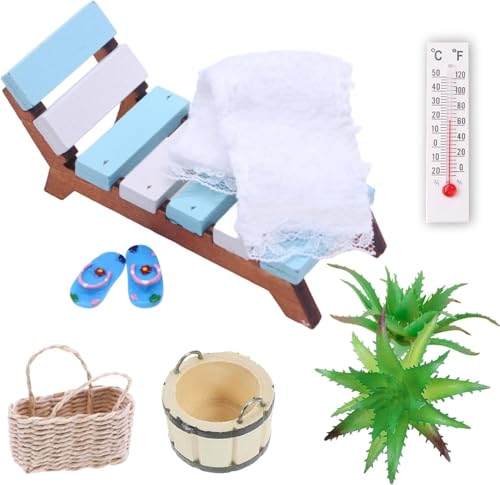 Miniatur Deko Sauna Zubehör Set,Wellness Deko Zubehör,Mini Strandkorb Korb Hausschuhe Eimer Badetuch,DIY Deko Mini Gartenmöbel,Miniatur Wichtel Zubehör,Mini Puppenhaus Zubehör von ZeiLaBang Kakadi