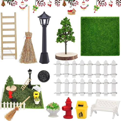 Miniatur Garten Zubehör,Mini Garten Möbel Deko Set für 1:12 Puppenhaus,mit Miniatur Kunstrasen Zaun Bank Holzleiter Baum Straßenlampe Besen,Miniaturgarten Mini Ornament von ZeiLaBang Kakadi