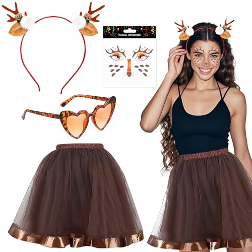 Rentier Karneval Damenkostüm,Reh Kostüm Damen Reh Haarreif Damen,Hirsch Blumenstirnband und Tüllrock Braun,Reh Gesichtstattoo,Geweih Kostüm Accessoires,Elch Cosplay für Party, Karneval, Mottoparty Rentier Karneval Damenkostüm,Reh Kostüm Damen Reh Haarreif Damen,Hirsch Blumenstirnband und Tüllrock Braun,Reh Gesichtstattoo,Geweih Kostüm Accessoires,Elch Cosplay für Party, Karneval, Mottoparty von ZeiLaBang Kakadi