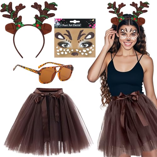 Rentier Karneval Damenkostüm,Reh Kostüm Damen Reh Haarreif Damen,Hirsch Blumenstirnband und Tüllrock Braun,Reh Gesichtstattoo,Geweih Kostüm Accessoires,Elch Cosplay für Party, Karneval, Mottoparty Rentier Karneval Damenkostüm,Reh Kostüm Damen Reh Haarreif Damen,Hirsch Blumenstirnband und Tüllrock Braun,Reh Gesichtstattoo,Geweih Kostüm Accessoires,Elch Cosplay für Party, Karneval, Mottoparty von ZeiLaBang Kakadi
