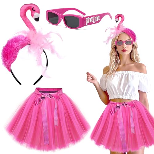 Flamingo Kostüm Damen,Karneval Flamingo kostüm damen Mädchen,Accessoire Flamingos Haarreif Brille Rosa Tuturock,Tropischer Haarreifen Kostüm für Hawaii Party Karneval Fasching Sommer Party ﻿ von ZeiLaBang Kakadi