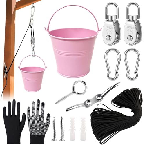 ZeiLaBang Kakadi Flaschenzug Kinder, Flaschenzug mit Metalleimer, Zubehör fürs Baumhaus Spielturm (Rosa, 1Pcs) von ZeiLaBang Kakadi