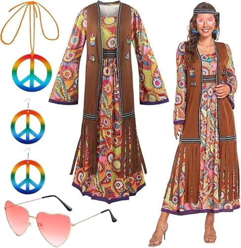 ZeiLaBang Kakadi 60er 70er Jahre Kostüm Damen,Hippie Kostüm Set,Hippie Kostüm Damen,Disco Halloween Outfits,Hippie Kleid Kostüm für Damen,Hippie Damen Kleid Set für Halloween,Karneval Party von ZeiLaBang Kakadi