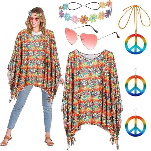 60er 70er Jahre Kostüm Damen,Hippie Kostüm Damen Set,Damen Poncho Set mit Hippie Accessoires,Hippie Kleid Damen,Disco Halloween Outfits,Hippie Damen Kleid Set für Halloween,Karneval Party von ZeiLaBang Kakadi