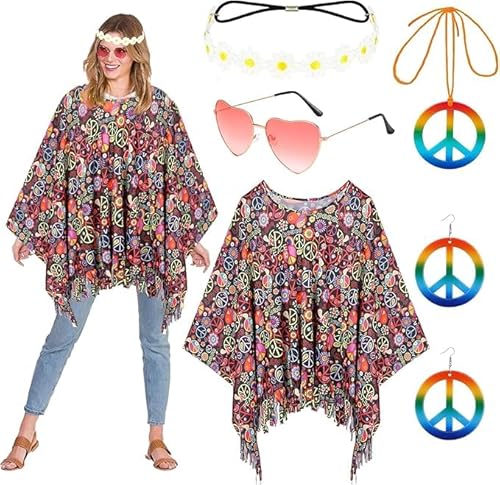 60er 70er Jahre Kostüm Damen,Hippie Kostüm Damen Set,Damen Poncho Set mit Hippie Accessoires,Hippie Kleid Damen,Disco Halloween Outfits,Hippie Damen Kleid Set für Halloween,Karneval Party ﻿ von ZeiLaBang Kakadi
